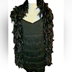 Flapper Costume M Theater Black Fringe Dress Feather Halloween Gatsby Cosplay